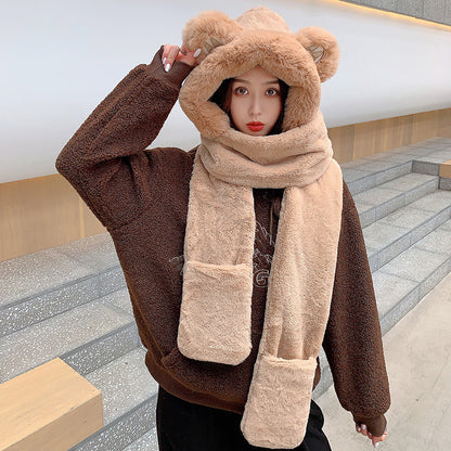 Women's Winter Hats Thickened Plush One-piece Scarf Three Piece Set