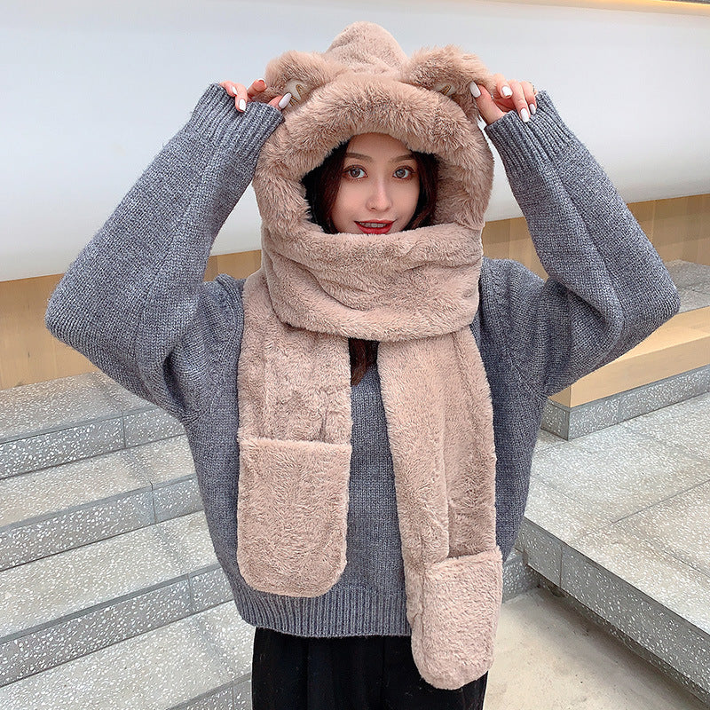 Women's Winter Hats Thickened Plush One-piece Scarf Three Piece Set