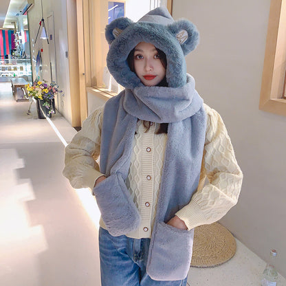 Women's Winter Hats Thickened Plush One-piece Scarf Three Piece Set