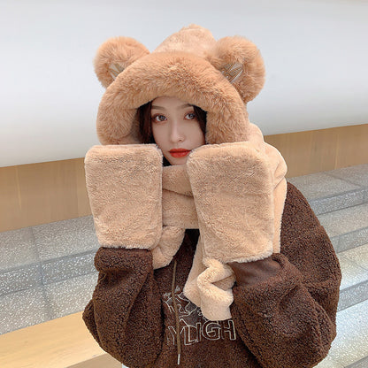 Women's Winter Hats Thickened Plush One-piece Scarf Three Piece Set